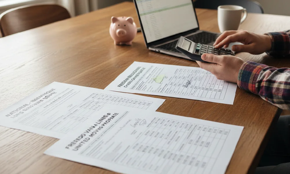 Close-up view of three different price estimates or quotes on a desk, representing the comparison step for hiring long-distance movers.