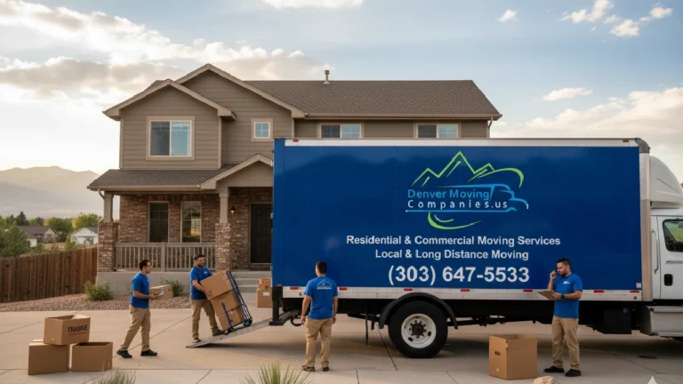 Denver Moving Companies truck with logo and phone number (303) 647-5533 parked outside a residential house with four movers loading boxes, illustrating professional moving services and the article topic of finding the cheapest day to hire movers in Denver.