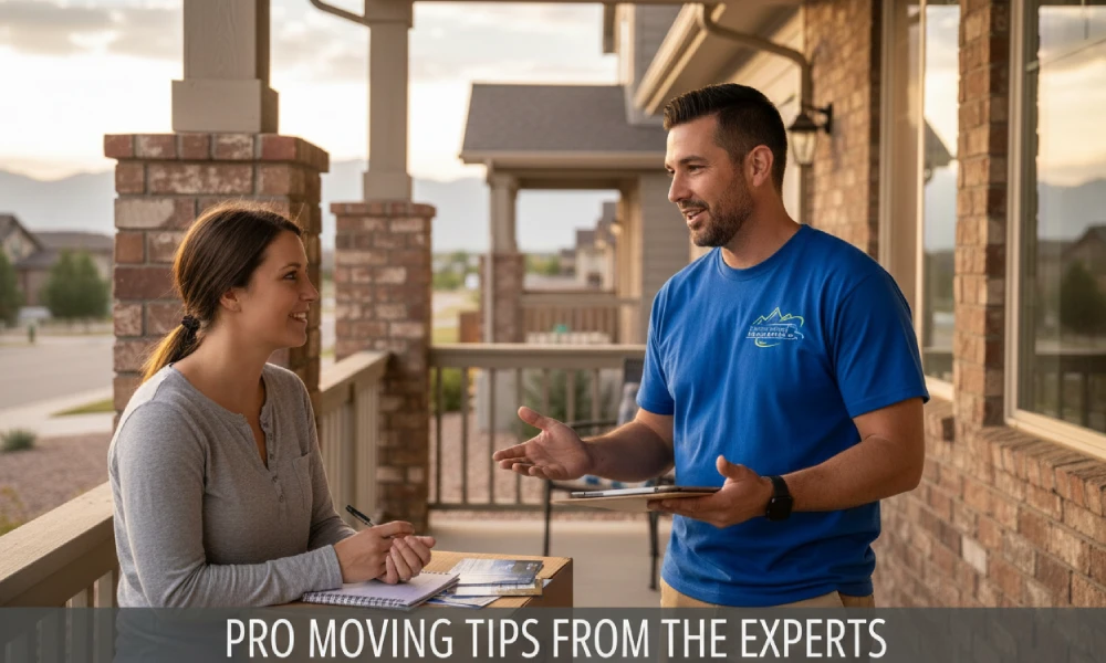 A professional Denver mover in uniform giving money-saving tips and advice to a potential customer, illustrating the section 'Additional Tips to Lower Your Denver Moving Costs' for hiring local or long-distance moving services.