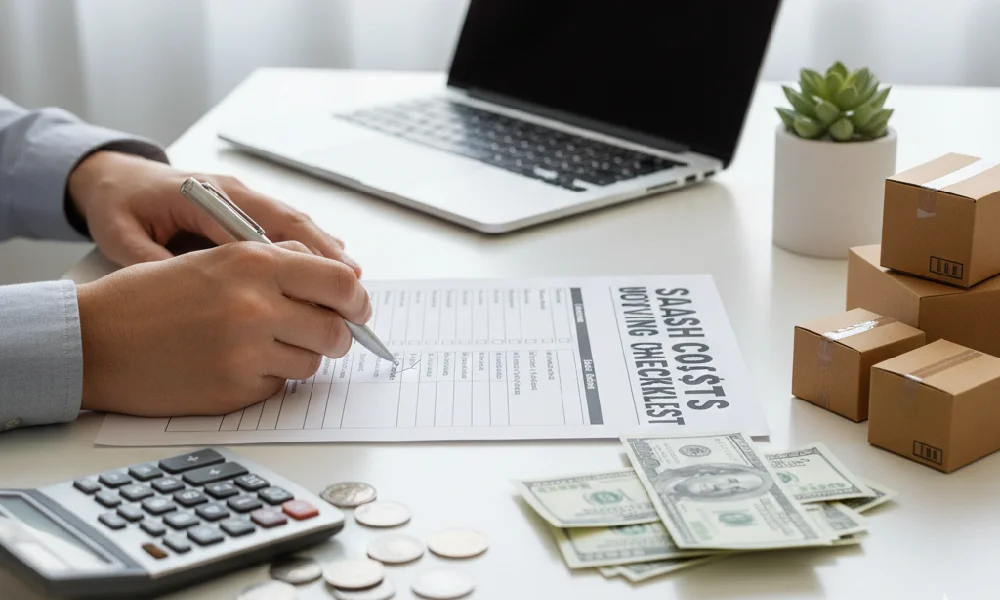 Close-up of a moving checklist being filled out, symbolizing the strategy needed to slash costs for an out-of-state move.