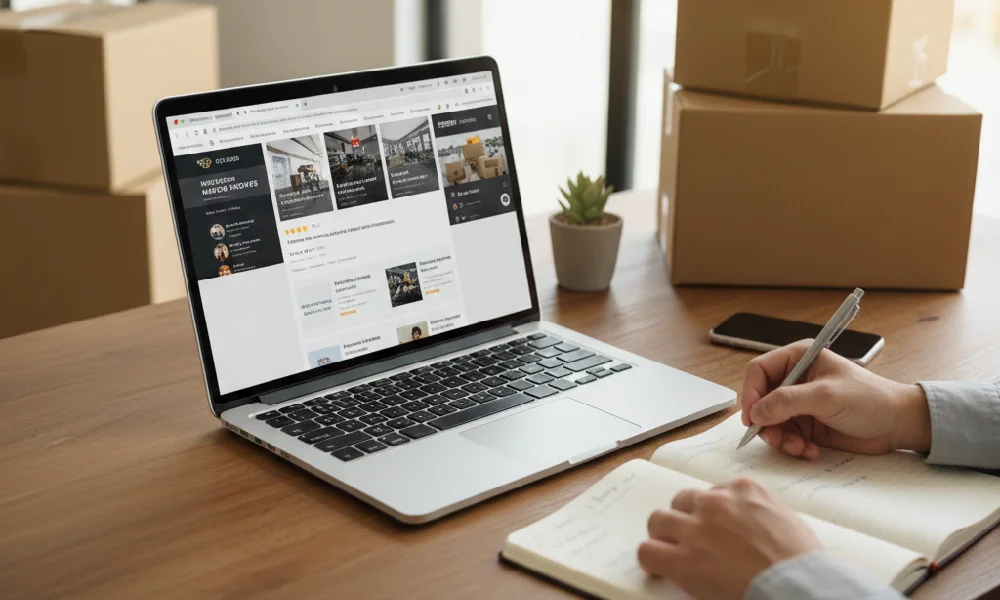 A person in Denver, CO, comparing moving company websites on a laptop and taking notes to find the best and cheapest out-of-state movers.