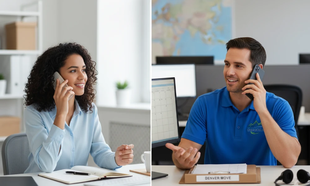 A customer speaking with a professional moving coordinator (wearing the company logo) on the phone to schedule services and confirm hourly moving rates in the Denver Metro Area.