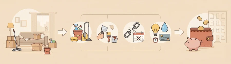 Infographic banner illustrating common apartment move-out expenses that reduce security deposit returns, showing icons for cleaning, repairs, lease breaking, and final utilities draining financial resources.