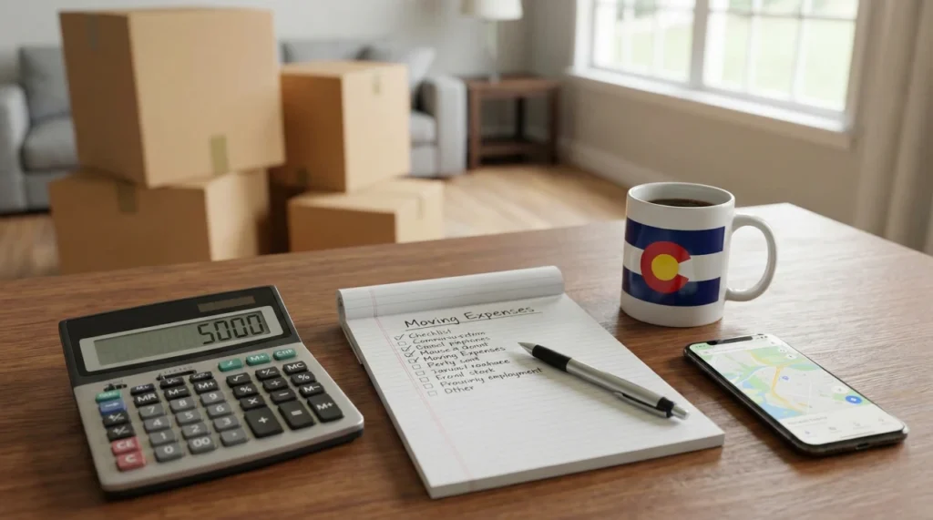 POV of a table with a calculator showing 5000, a moving expense checklist, and a Colorado mug, with moving boxes in the background, planning a 2-bedroom move in Denver.