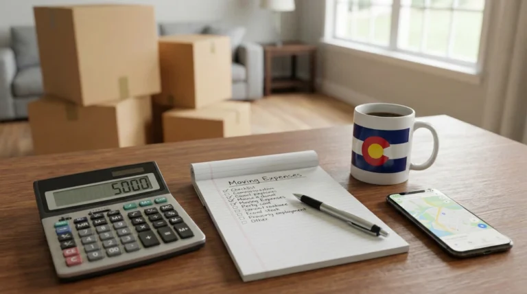 POV of a table with a calculator showing 5000, a moving expense checklist, and a Colorado mug, with moving boxes in the background, planning a 2-bedroom move in Denver.