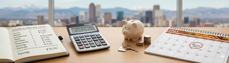 Banner illustration for moving planning in Denver, featuring a calculator and financial documents to compare moving quotes against monthly income and expenses for long-term stability.