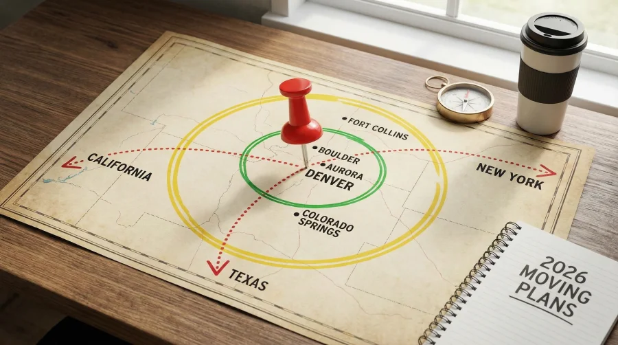Map of Colorado highlighting Denver moving scenarios, showing radius zones for local moves to Boulder, intrastate moves to Colorado Springs, and interstate routes for budgeting.
