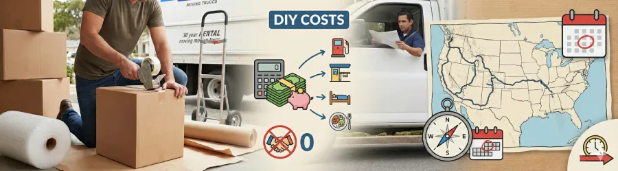 Banner illustrating the elements of a DIY long-distance move: a person packing boxes, a graphic breakdown of costs including fuel, lodging, and food with zero labor expenses, and a driver navigating a cross-country route on a map with a compass and calendar.