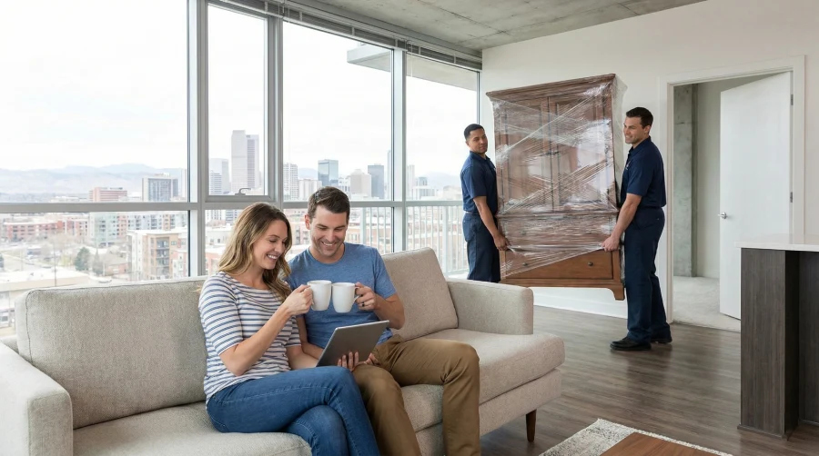 A couple enjoying a stress-free move in Denver, relaxing with coffee and a tablet while uniformed full-service movers carry large furniture in the background.