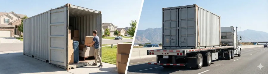 Split-panel banner illustrating the hybrid moving process using portable containers. The left side shows DIY loading of furniture and boxes into a container in a residential driveway, while the right side shows professional transport of the container on a flatbed truck down a highway.