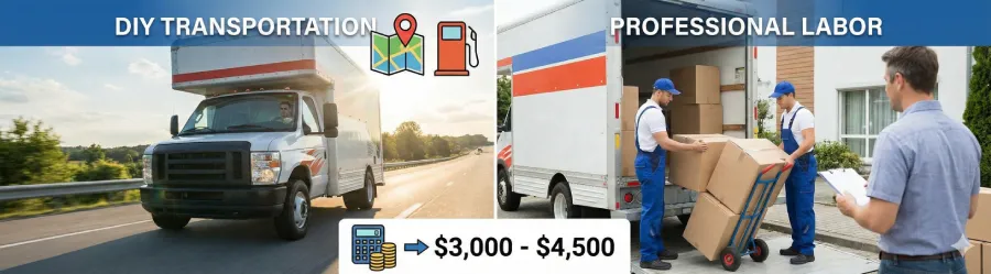 A split-panel banner illustrating a hybrid move. The left panel, titled 'DIY TRANSPORTATION,' shows a rental moving truck on a highway with map and gas icons. The right panel, titled 'PROFESSIONAL LABOR,' shows uniformed movers loading boxes with a dolly. Below, a calculator and coins point to an estimated total cost of '$3,000 - $4,500'.