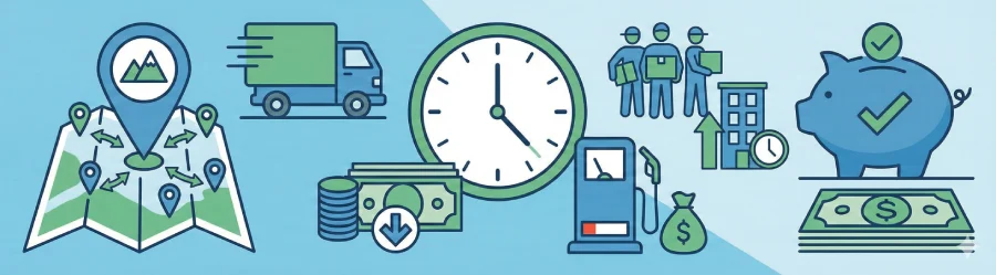 Infographic banner showing a map with short-distance markers, a moving truck, a clock indicating hourly rates, lower fuel cost icons, and a piggy bank symbolizing the cost-effectiveness of local full-service movers in the Denver area.