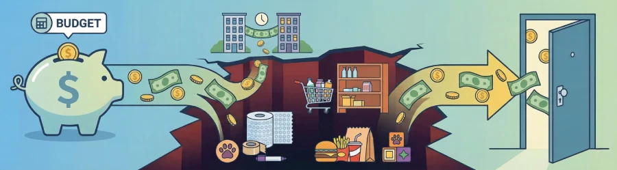 Infographic illustrating how hidden moving costs, such as double rent, restocking, supplies, and takeout, can drain a moving budget before reaching the new home.