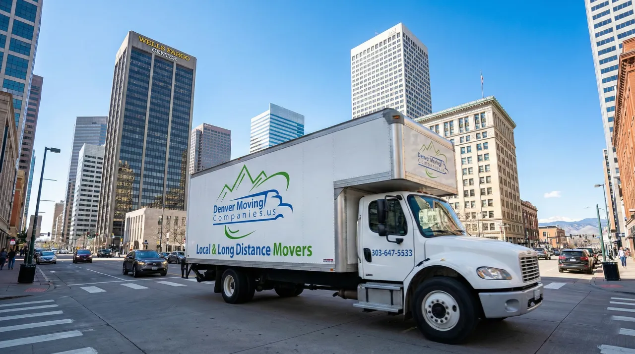A Denver Moving Companies truck parked in front of the Wells Fargo Center at 1700 Lincoln St, providing local and long-distance moving services in downtown Denver, CO.